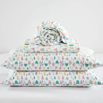 Queen Cotton Flannel Sheet With 4 Pieces, White Holiday Trees Pattern, , Warm, , Machine Wash For Simple Cleaning And Washable