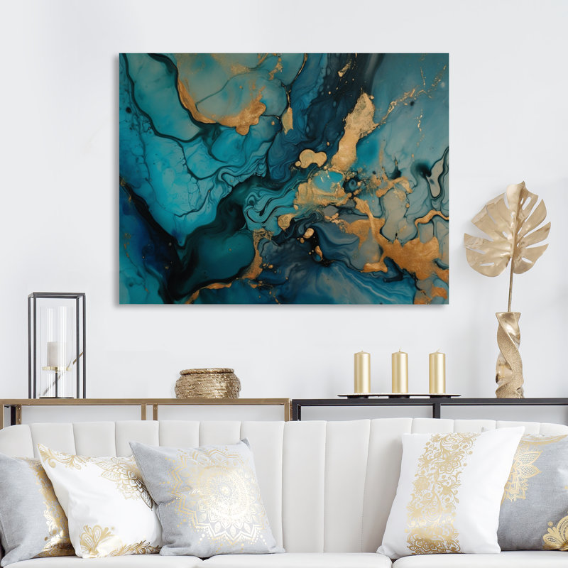 Bleu et or hypnotisant marbre abstraction III - impression, H 12 po x l 20 po x P 1 po, Toile tendue