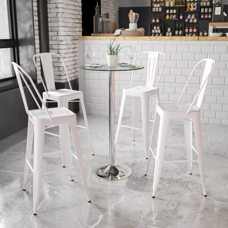 Helmscott Round Glass Event and Cocktail Table with Chrome Base, Bar Height (41.75" Height)