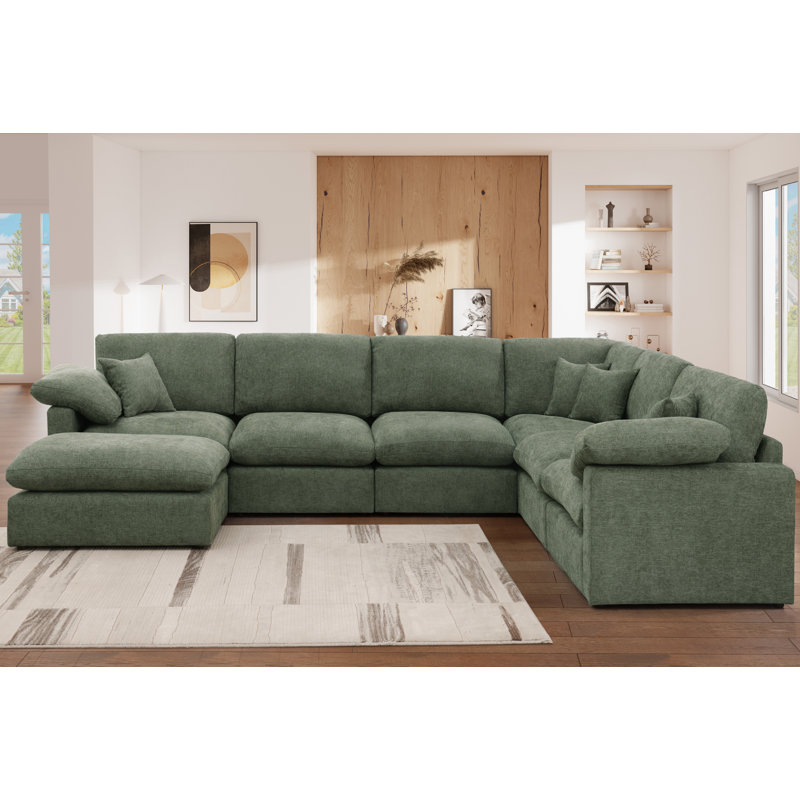 Reversible 7-Piece Corner Sectional Couch, Chenille Cloud Sofa With Removable Ottoman, Green Chenille
