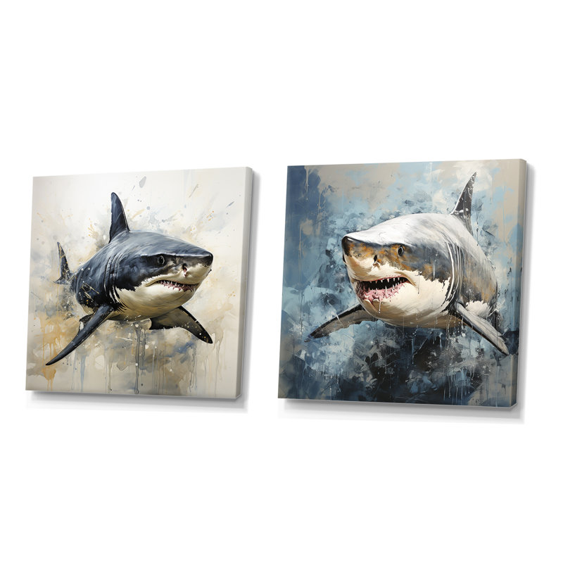 Grey Shark Shadows I - Coastal Animal Wall Art Prints Set Of 2, Wrapped Canvas, 16" H x 33" W x 1" D