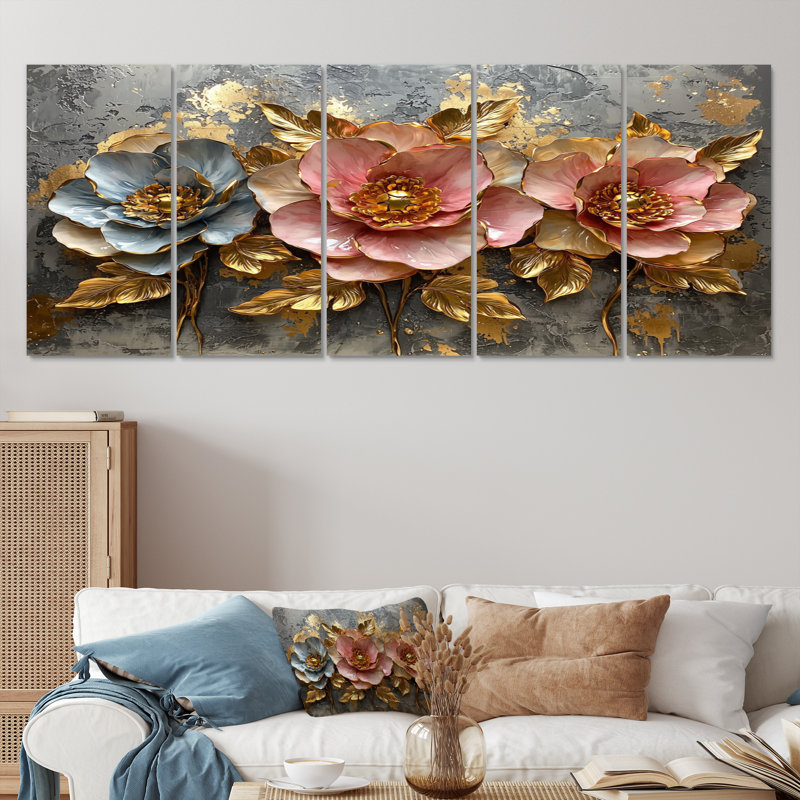 Or doré, rose, pivoine dorée - ensemble d'art sur toile pivoine, H 32 po x l 80 po