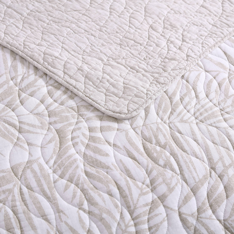 Beige Cotton Reversible Full Quilt Set with Fern Design