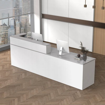 Modern Reception Desk With Elevated Right Corner Storage And Lockable Drawers – Stylish And Practical Office Desk With Cable Management