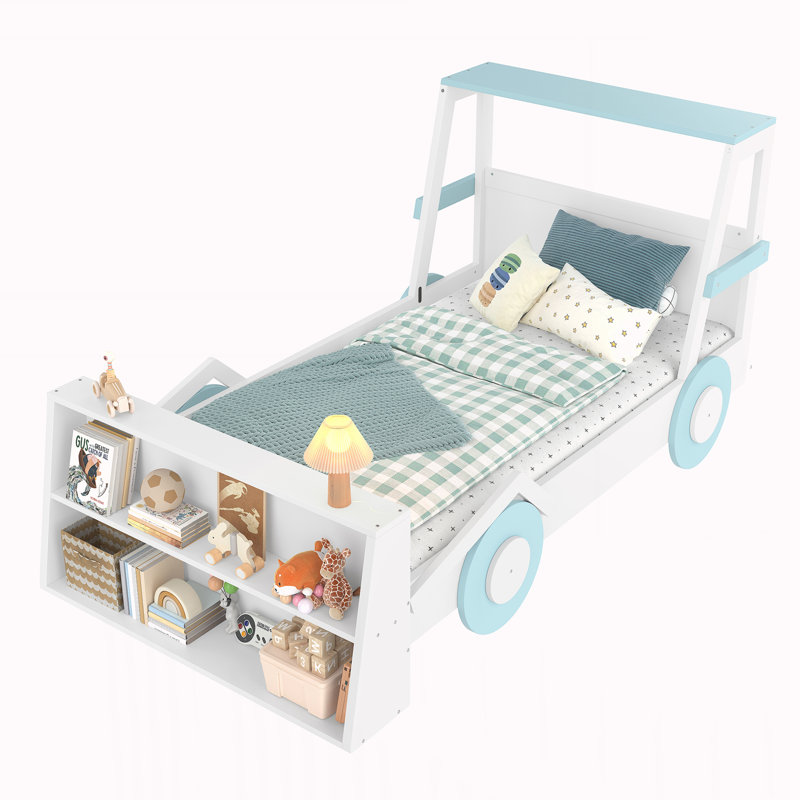 Twin Size Car Bed with Storage Shelves, White/Blue