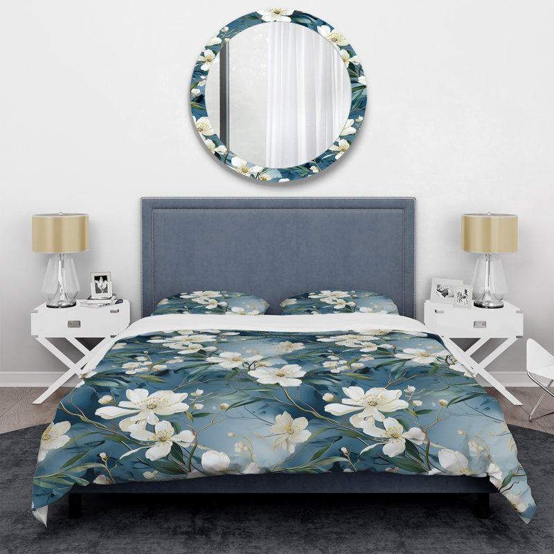 Ensemble de housse de couette en marbre blanc et bleu Huzefa Magnolias, Housse de couette pour grand lit et 2 taies décor