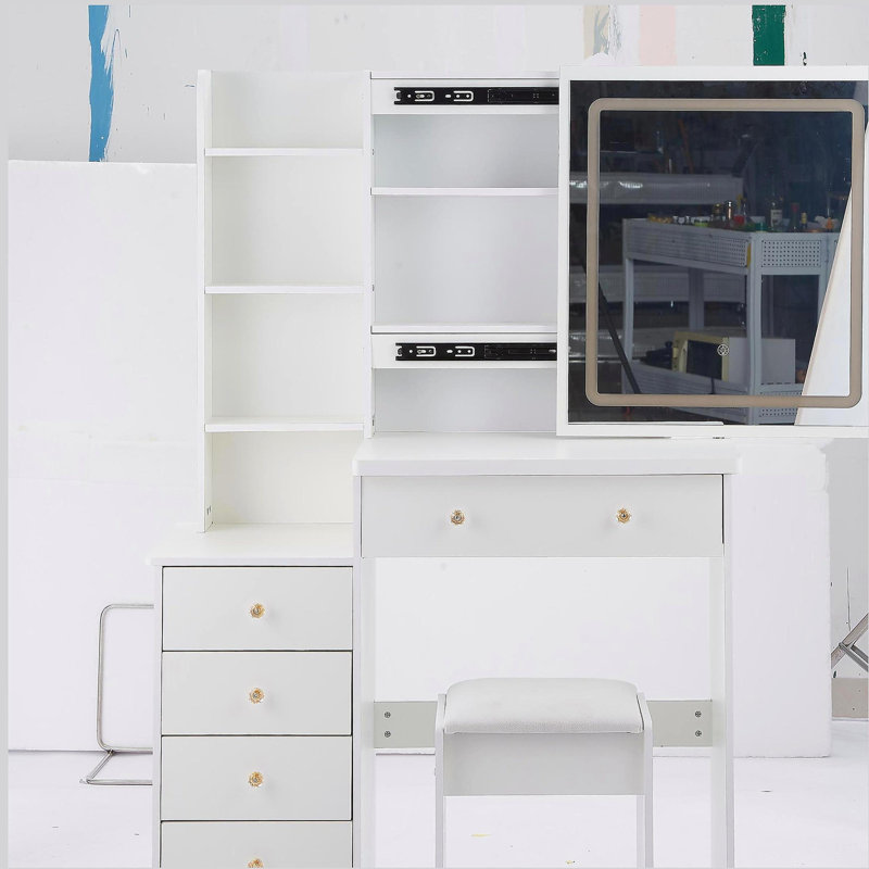 Meuble-lavabo de 37 po avec tabouret de chevet de taille moyenne 37 po + tabouret rembourré, grande commande tactile, interrupteur tricolore, miroir à luminosité réglable, rangement à grande capacité, convient aux espaces moyens