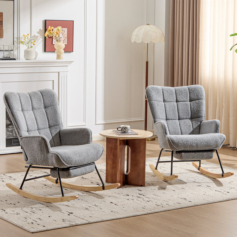 Upholstered Rocking Chair with Footrest, High Backrest Ergonomic Support Nursery Recliner Chair for Living Room, Bedroom