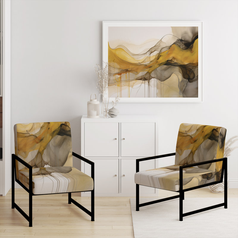 Undefined Continuation Liquid Waves Yellow IV - Upholstered Modern Arm Chair, Geometric Shapes Accent Chair, Black