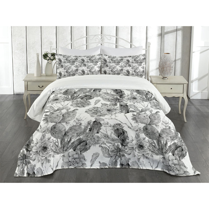 Ambesonne Cactus Bedspread Set Boho Style Botanical Grey White