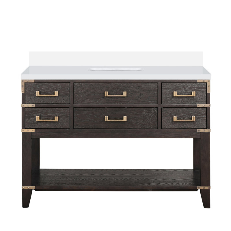 Single Bath Vanity with Quartz Top, Brown Oak
