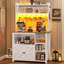 Étagère de boulanger de 35,4 pouces avec prise de courant et rangement, armoire à café de style campagnard, armoire de cuisine avec support à micro-ondes avec huche, lumières DEL, porte-verre à vin et 8 crochets, blanc-35275251