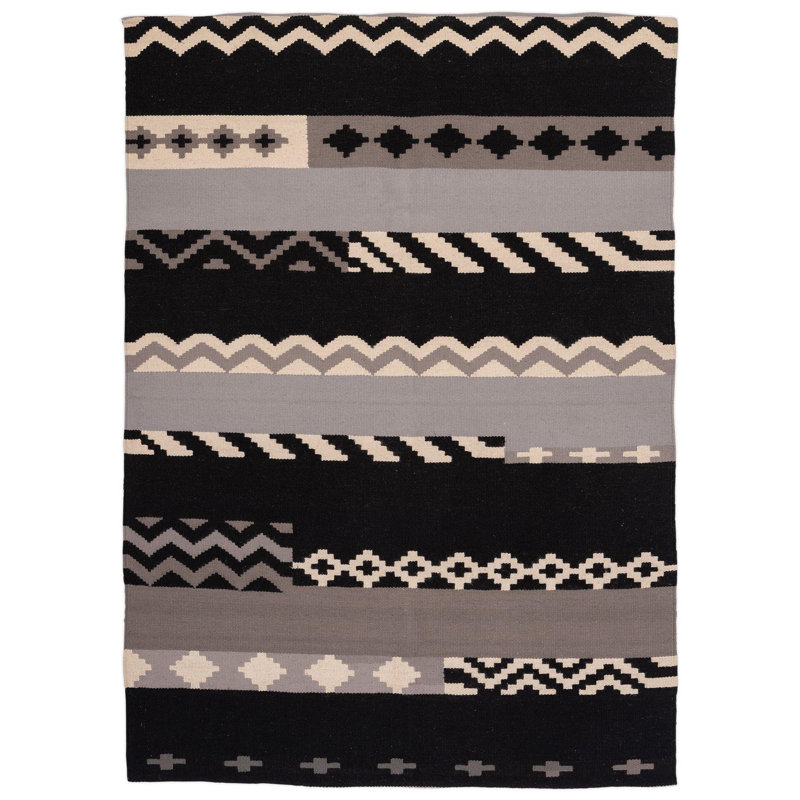 Tapis kilim noir audacieux, Rectangle 8 pi 2 po x 9 pi 10 po