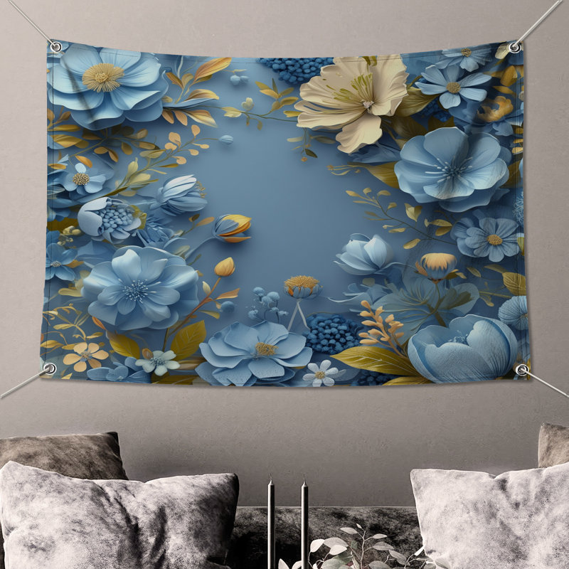 Tapisserie murale arrangement floral bleu - décoration murale florale, 50in H x60in W with 4 Grommets