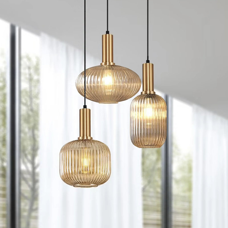 1 - Modern Gold Copper Chandelier Pendant Light – Ribbed Glass Jar Shade, LED Ceiling Light Fixture with E27 Socket