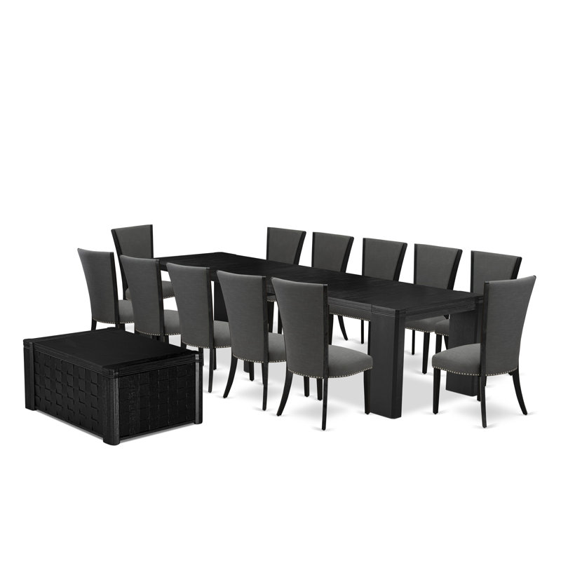 Ensemble de salle à manger 14 pièces, table de salle à manger rectangulaire avec table basse et 12 chaises de cuisine en tissu Gotham gris foncé, noir brossé