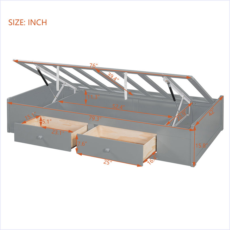Lit superposé simple avec tiroirs, garde-robe, tablettes de rangement et lit hydraulique, Gris