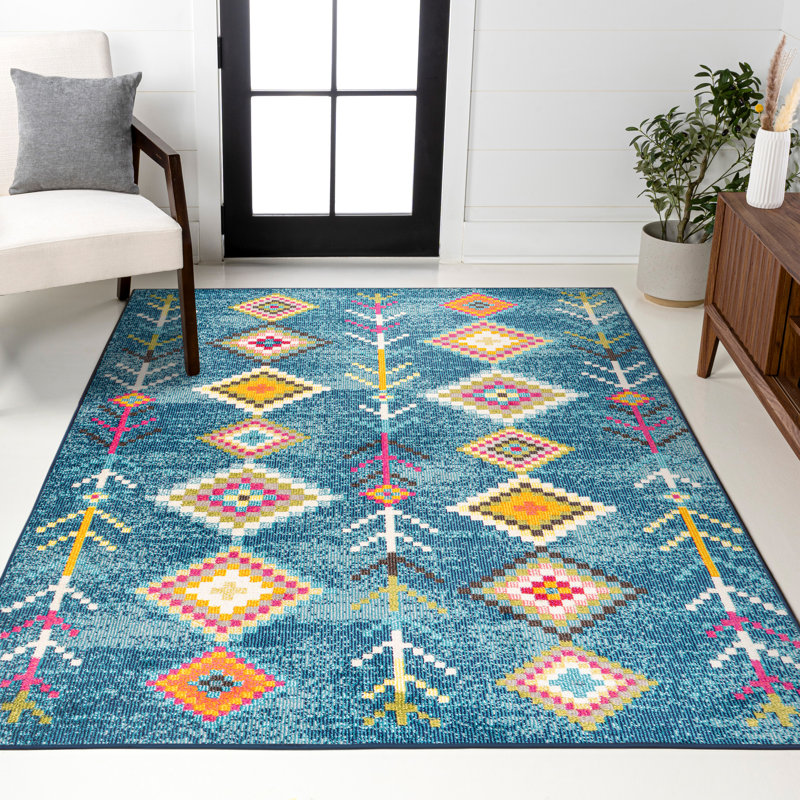 Tapis bleu foncé / multicolore Bethlehem Tribal Love, Rectangle 7 pi 9 po x 10 pi
