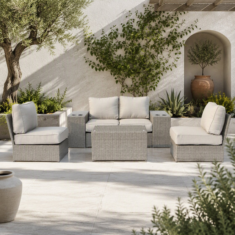 Ensemble modulaire de patio en osier toutes saisons pour 4 personnes - pré-assemblé avec coussins