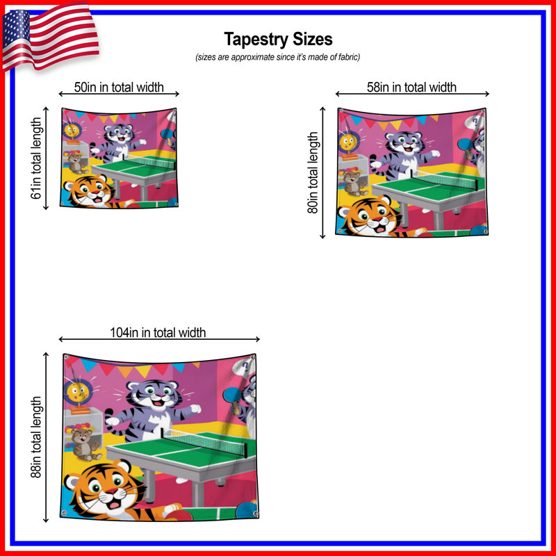 Tapisserie murale Tigers jouant au tennis de table - Décoration murale Tigers, H 104 po x 88 avec 4 œillets