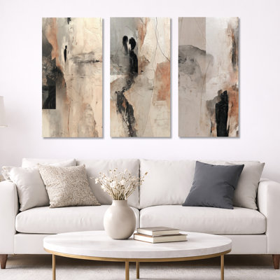 «Black and Grey Brushstroke Abstract Paint II», ensemble de 3 toiles abstraites encadrées