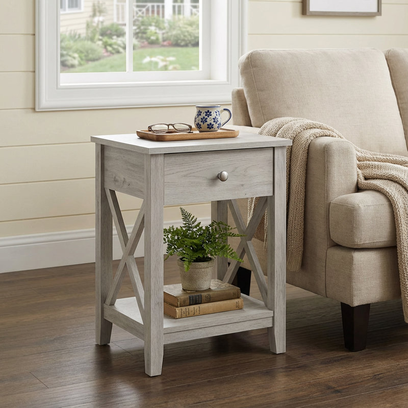 Table de bout antique blanche avec tiroir et tablette - Table de chevet transitionnelle côtière et de ferme pour chambre à coucher, salon ou bureau