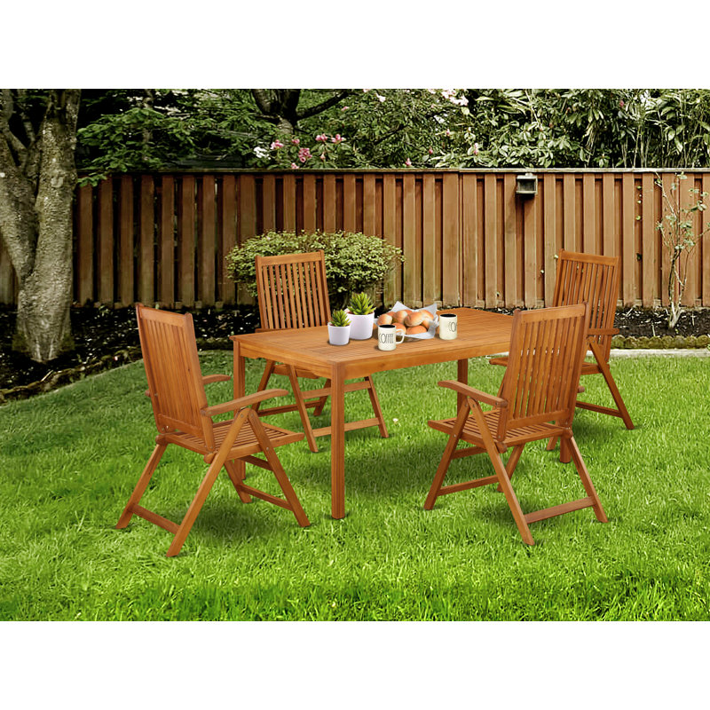 Ensemble de table de jardin 5 pièces pour patio comprenant une table de salle à manger d'extérieur rectangulaire en bois d'acacia et 4 chaises pliantes à accoudoirs réglables, 36 po x 66 po, huile naturelle