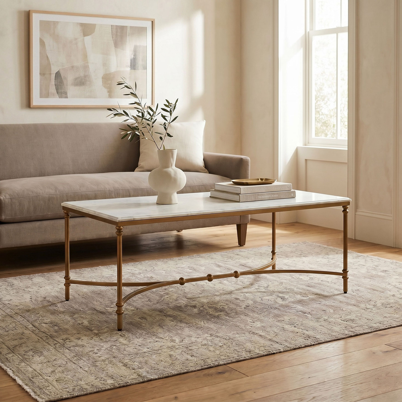 Timmons 48" Genuine Marble Coffee Table, Gold 