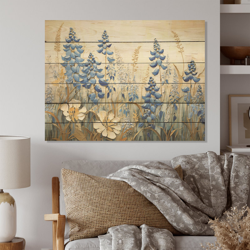 «Blue Bonnets Field Tranquility I - Blue Bonnets», art mural sur bois de pin naturel, H 30 po x l 40 po