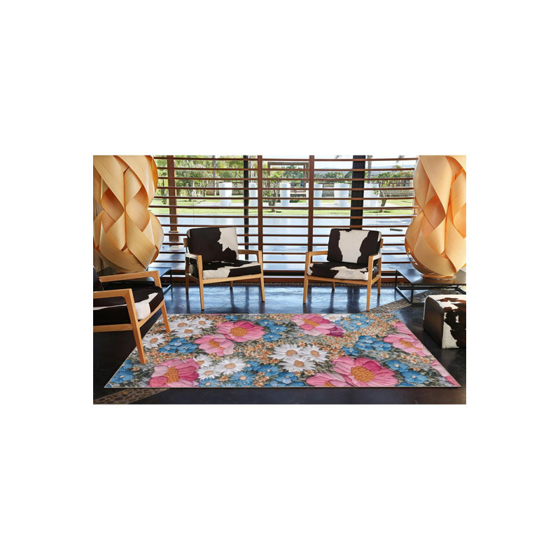 Tapis bleu tissé à motif floral lavable à la machine, Rectangle 2 pi 6 po x 4 pi 11 po