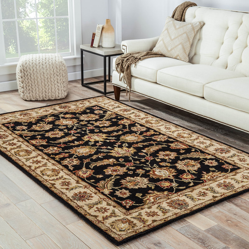 Mythos Handmade Floral Black/ Beige Area Rug (2'6"X4'), Rectangle 2'6" x 4'