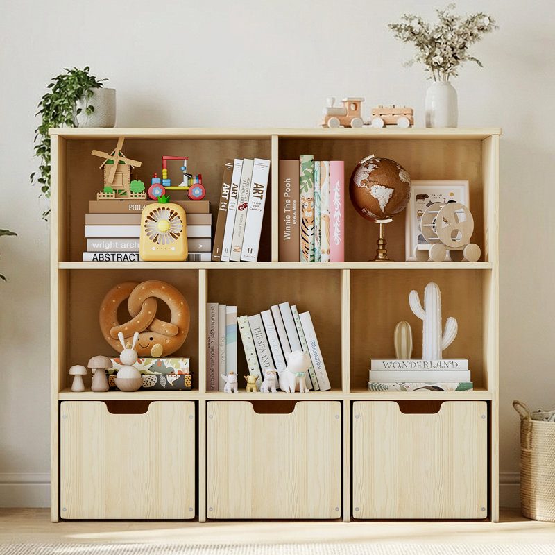 Solid Wood Toddler Bookcase with 3 Movable Drawers on Wheels - Kids Storage & Toy Organizer