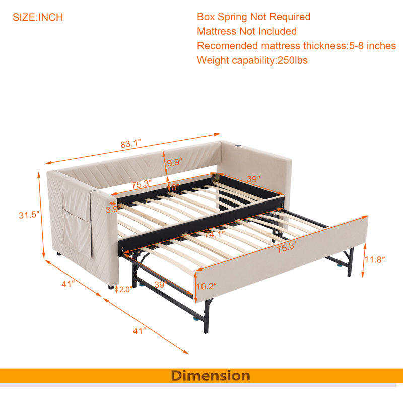 Twin Size Upholstered Daybed With Trundle,USB Port ,Side Pockets, Modern V-Grained Backrest Design,No Box Spring Needed, For Bedroom, Guest Room