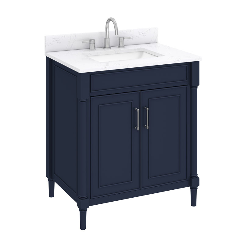 Meuble-lavabo sur pied simple 30 po avec plateau en pierre reconstituée Guider, Bleu marine