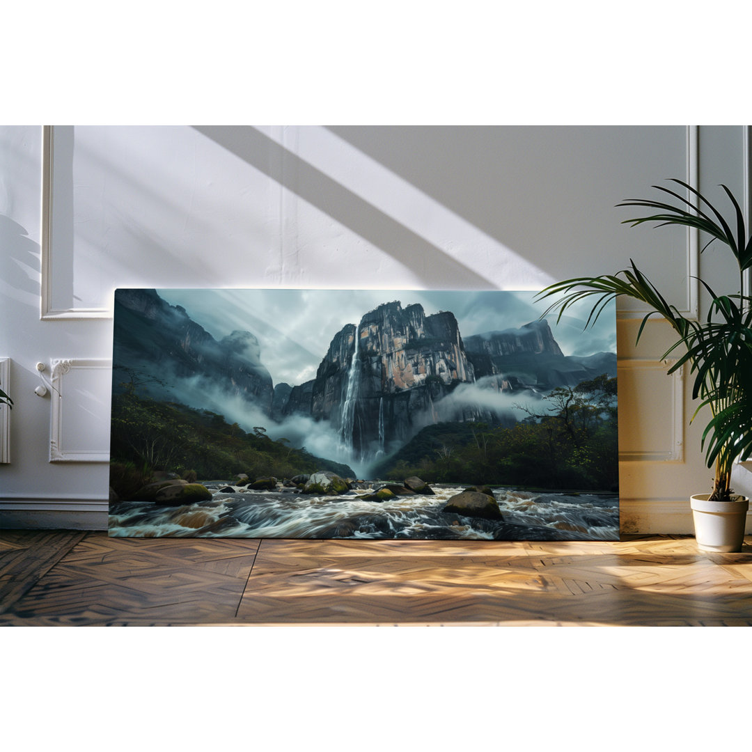 Gerahmtes Bild auf Leinwand 120x60cm Felsen Klippen Berge Wasserfall Fluss Natur