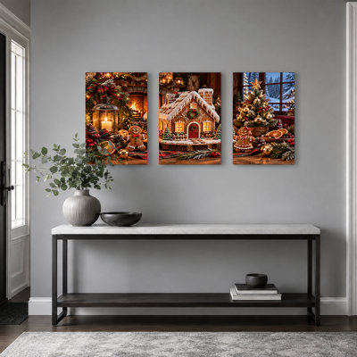 Maison en pain d'épice avec foyer et décorations de Noël illuminées - Ensemble de 3 toiles murales