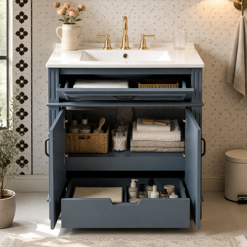 Meuble-lavabo de 30 po avec lavabo en céramique, armoire de rangement en bois massif avec portes à fermeture douce, style rétro
