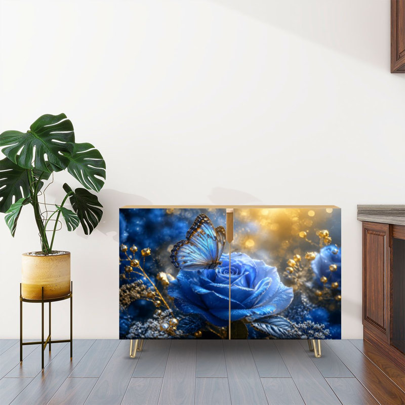 Buffet Buffet avec rangement Fleurs papillon bleues et décorations scintillantes Dreamy Glow avec 2 portes pour le salon et la cuisine