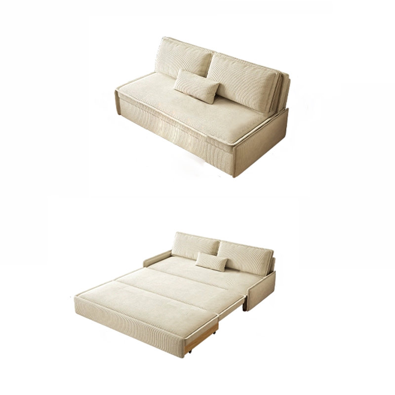 Canapé-lit beige moderne en velours côtelé minimaliste avec coussins, H 34,65 po x l 72,83 po x P 34,65 po