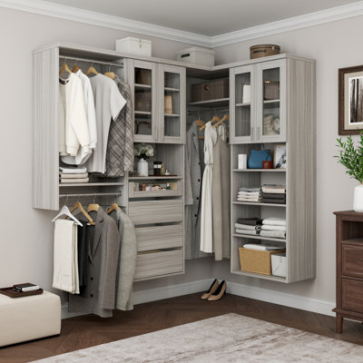 Grey Oak 142" Wall-Mounted L-Shape Closet System with 4 Sections, Glass Doors, 3 Clothing Rods, 11 Shelves & 4 Reveal Drawers