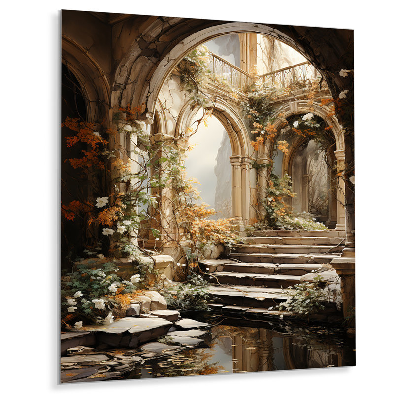 Ruines anciennes Blooms III - fantaisie, art mural en métal, H 32 po x l 16 po x P 1 po