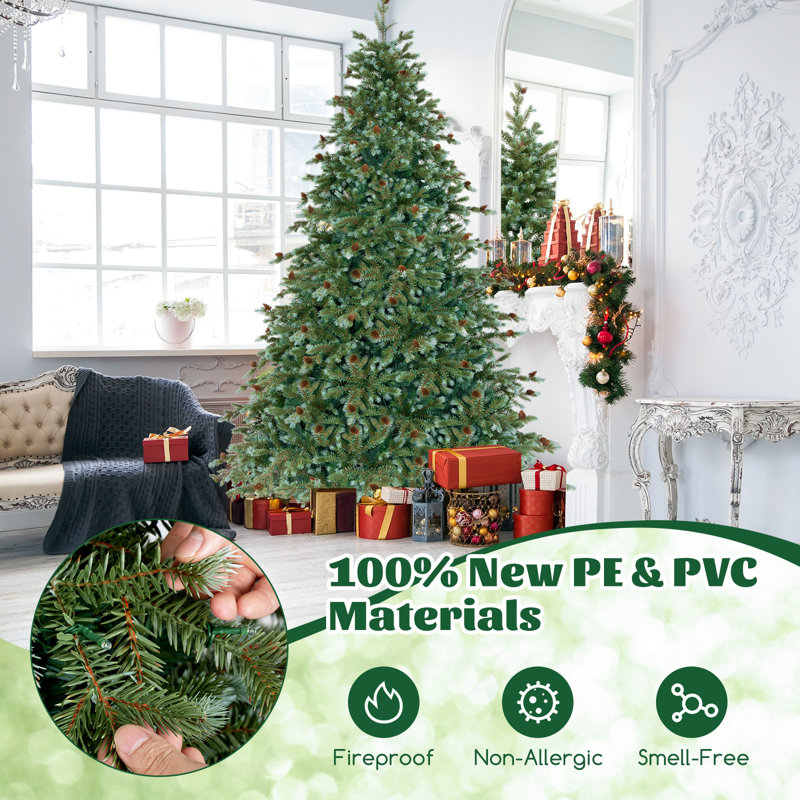 8 Ft Green Artificial Pine Christmas Tree with Warm LED Lights