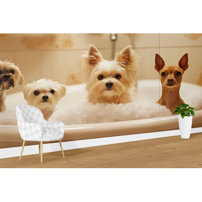 Small Dogs Bath Wallpaper – Adorable Pups In Bubble Bath, Cute Pet-Themed Bathroom Wallpaper For Groomers, Veterinary Clinics, Or Animal Lovers
