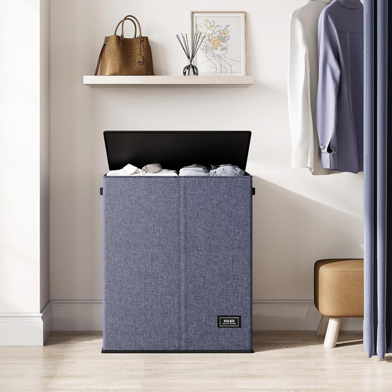 Large Double Laundry Hamper With Lid, Collapsible Clothes Hamper 2 Section With Removable Bags, Space-Saving Laundry Basket For Bedroom, Dorm, College