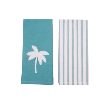 Aqua Palm Tree Stripe Towel Set 2