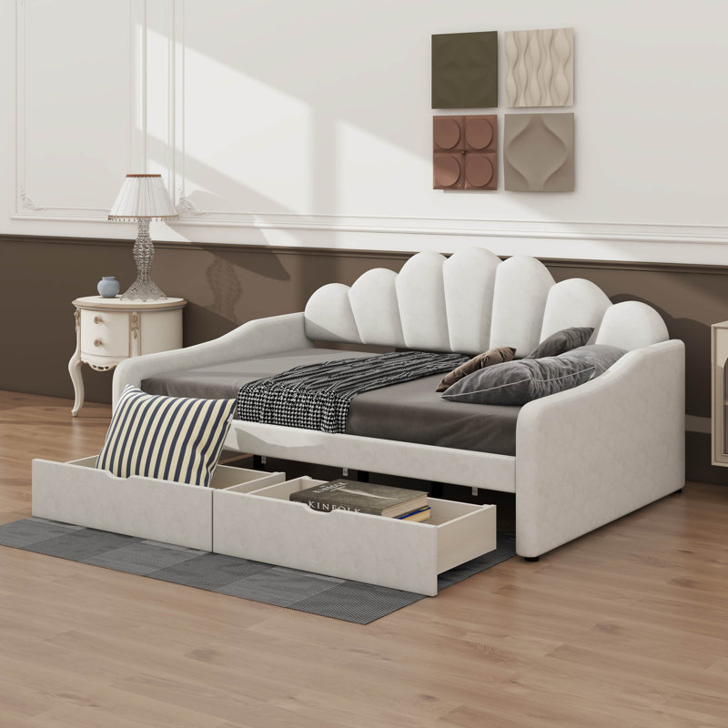 Structure de lit de jour double rembourrée avec dossier de forme basse et 2 tiroirs, Beige
