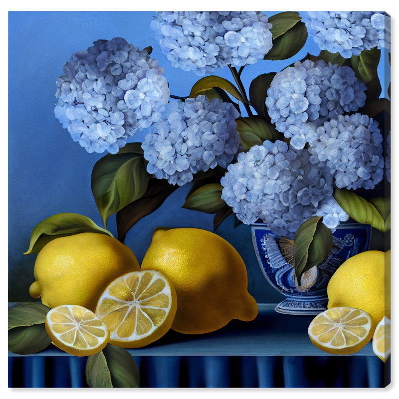 Vase hydrangées et citrons - impression, Toile tendue, H 12 po x l 12 po, Sans cadre