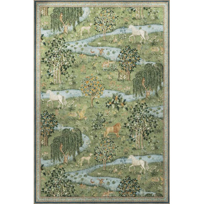 Tapis décoratif moderne à motif d'arbre et de lion à motif vert