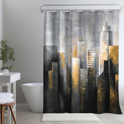 Gray Building Abstract Skyline – Polyester Shower Curtain, Dye Sublimation Print, 71" W × 74" L