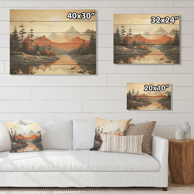 «Mountain Whisper Sunset Dreams - Minimalisme», art mural sur bois de pin naturel, H 30 po x l 40 po